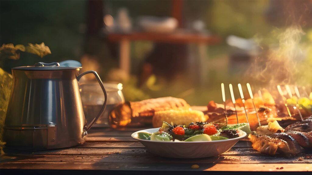 Grillen am Abend bei Sonnenuntergang auf der Terrasse des Chalets